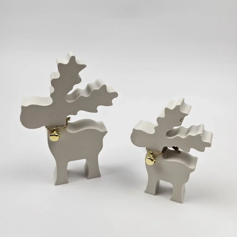 Minimalistyczne figurki reniferów z gipsu polimerowego profil boczny ze złotym dzwoneczkiem i sznurkiem jutowym