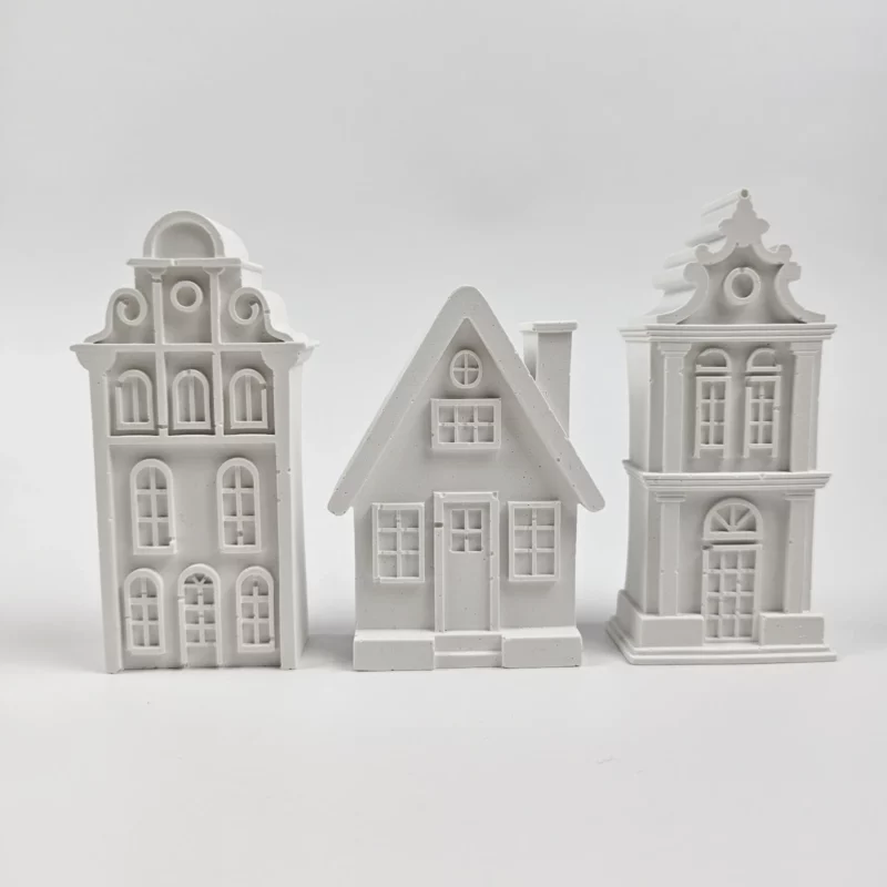 Białe dekoracyjne domki z gipsu polimerowego w stylu skandynawskim, rękodzieło na prezent